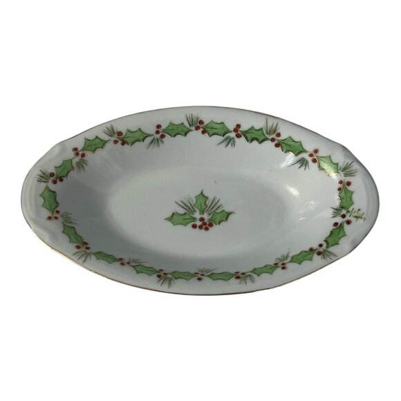 Vintage Hand-Painted Christmas Holly Oval Porcelain Bowl – Gold Trim - Picture 2 of 4
